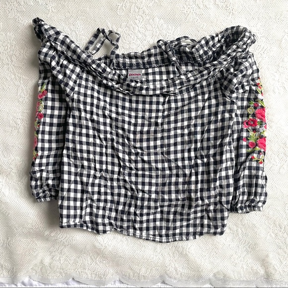 Off-Shoulder Girls Short  Top Plaid Black Size 7 - Picture 1 of 8